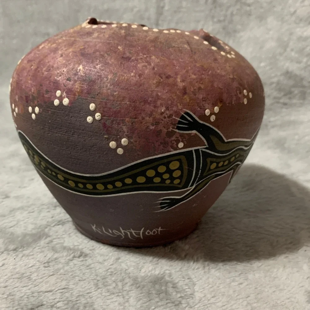 K Lightfoot Hand Painted Pottery Vase Kangaroo Aboriginal Art Unique Collectible